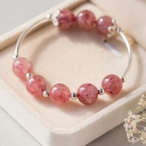 925 Sterling Silver Natural Rose Quartz strawberry quartz &Lucky Ball Round Bead charms Bracelet