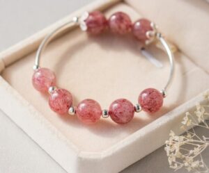925 Sterling Silver Natural Rose Quartz strawberry quartz &Lucky Ball Round Bead charms Bracelet