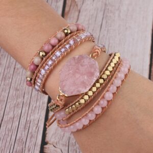 Natural Stone Bracelet Pink Quartz Leather Wrap Bracelets for Women Rose Gems Beads Jewelry 5 Strand