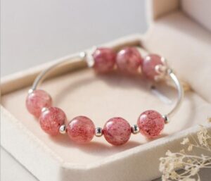 925 Sterling Silver Natural Rose Quartz strawberry quartz &Lucky Ball Round Bead charms Bracelet