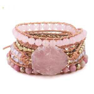 Natural Stone Bracelet Pink Quartz Leather Wrap Bracelets for Women Rose Gems Beads Jewelry 5 Strand