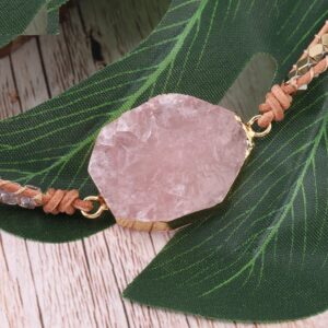 Natural Stone Bracelet Pink Quartz Leather Wrap Bracelets for Women Rose Gems Beads Jewelry 5 Strand